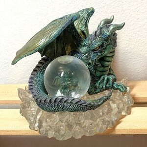 Vintage Westland Giftware #815 Dark Green Dragon & Baby Snow Globe Figure | EUC